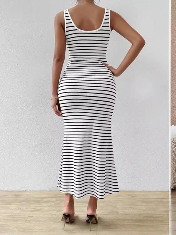 Bodycon Sleeveless Split-Joint Striped U-Neck Midi Dresses Product Image
