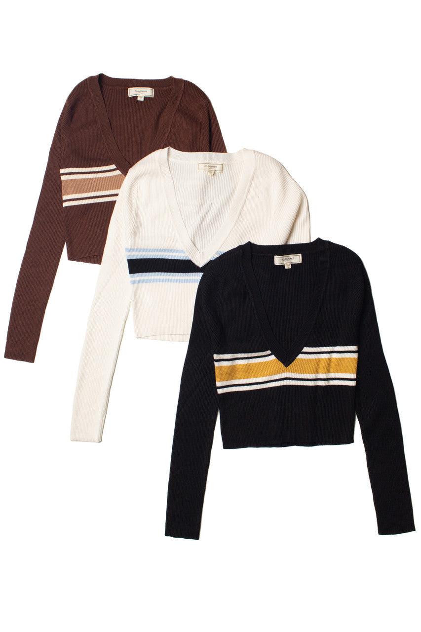 Ribbed V Neck Stripe Sweater Product Image