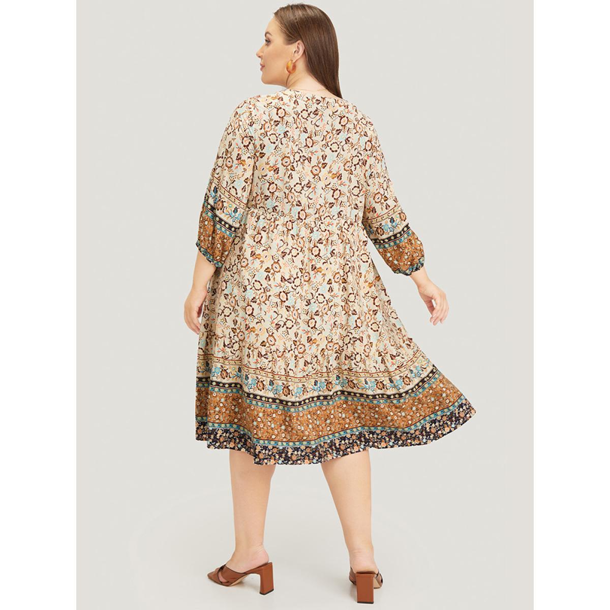 Plus Size Bandana Tassels Ties Neck Pocket Ruffle Hem Dress Indigo Women Vacation Tassels Tie Neck Elbow-length sleeve Curvy Midi Dress BloomChic 12/L Product Image