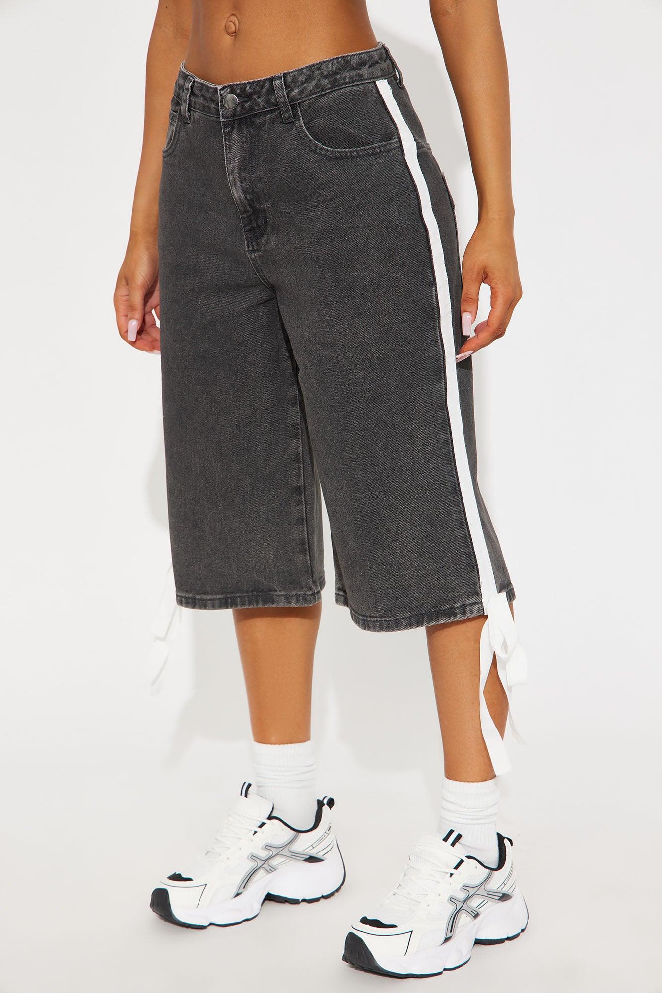 Kimi Non Stretch Stripe Denim Jorts - Black Wash Product Image