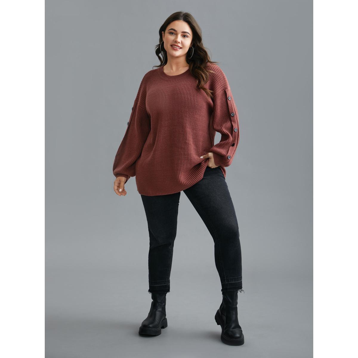 Plus Size Textured Drop Shoulder Button Detailing Pullover Russet Women Casual Loose Long Sleeve Round Neck Everyday Pullovers BloomChic 10/M Product Image