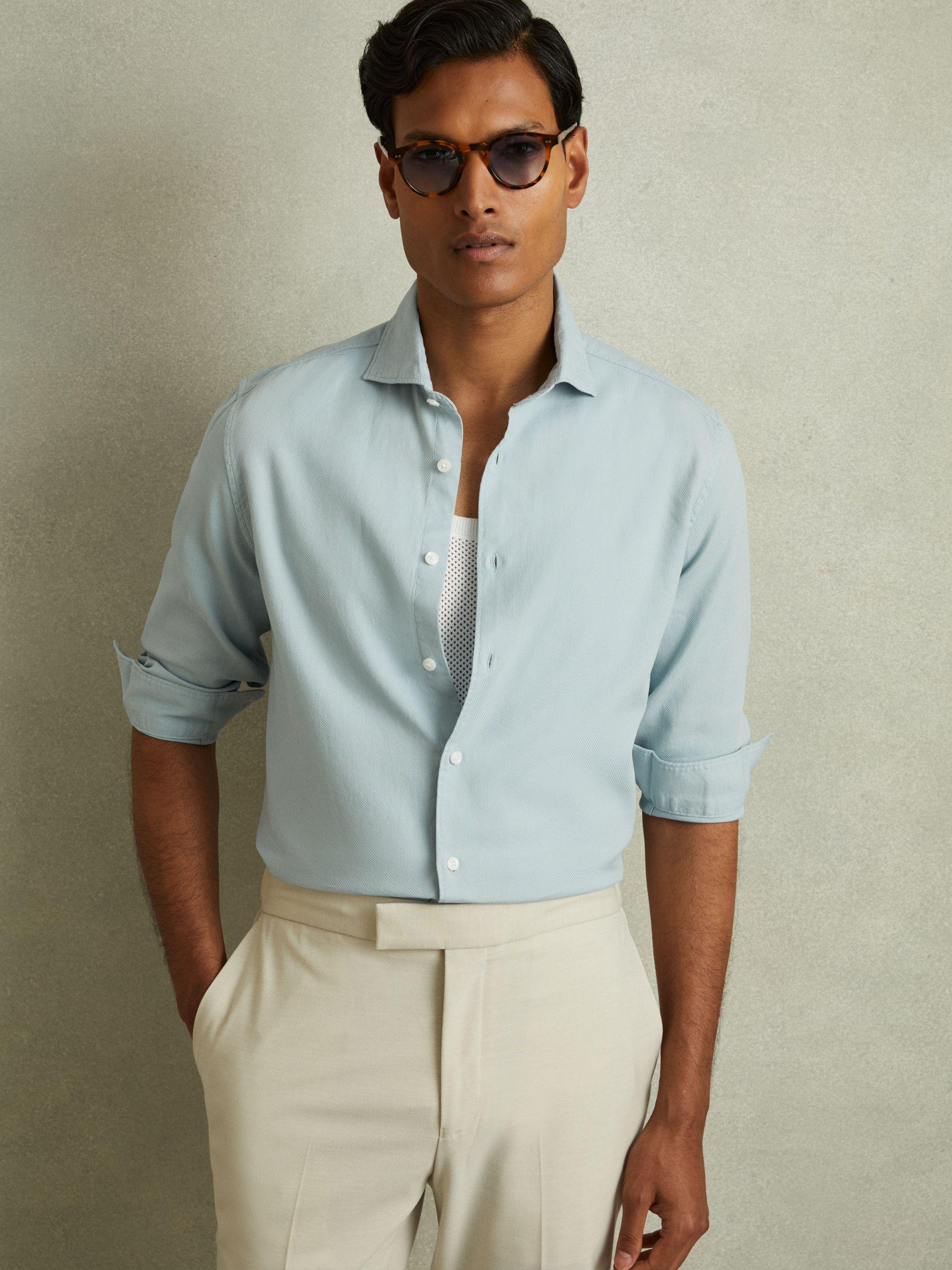 Textured Garment Dyed Button-Through Shirt in Soft Blue Product Image