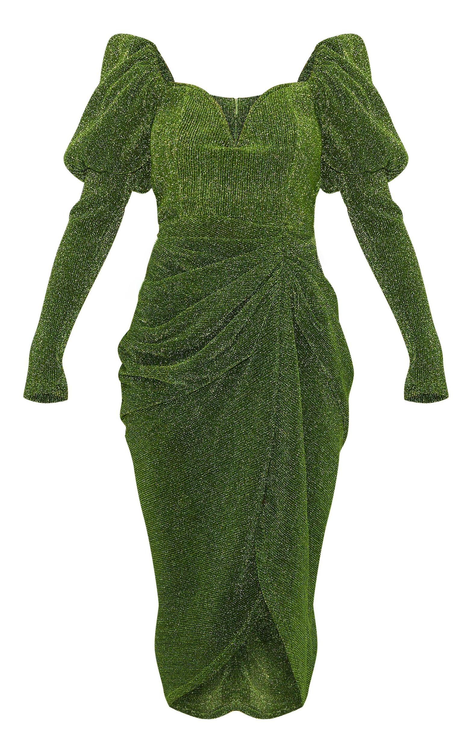 Green Glitter Plisse Puff Sleeve V Bar Draped Midi Dress Product Image