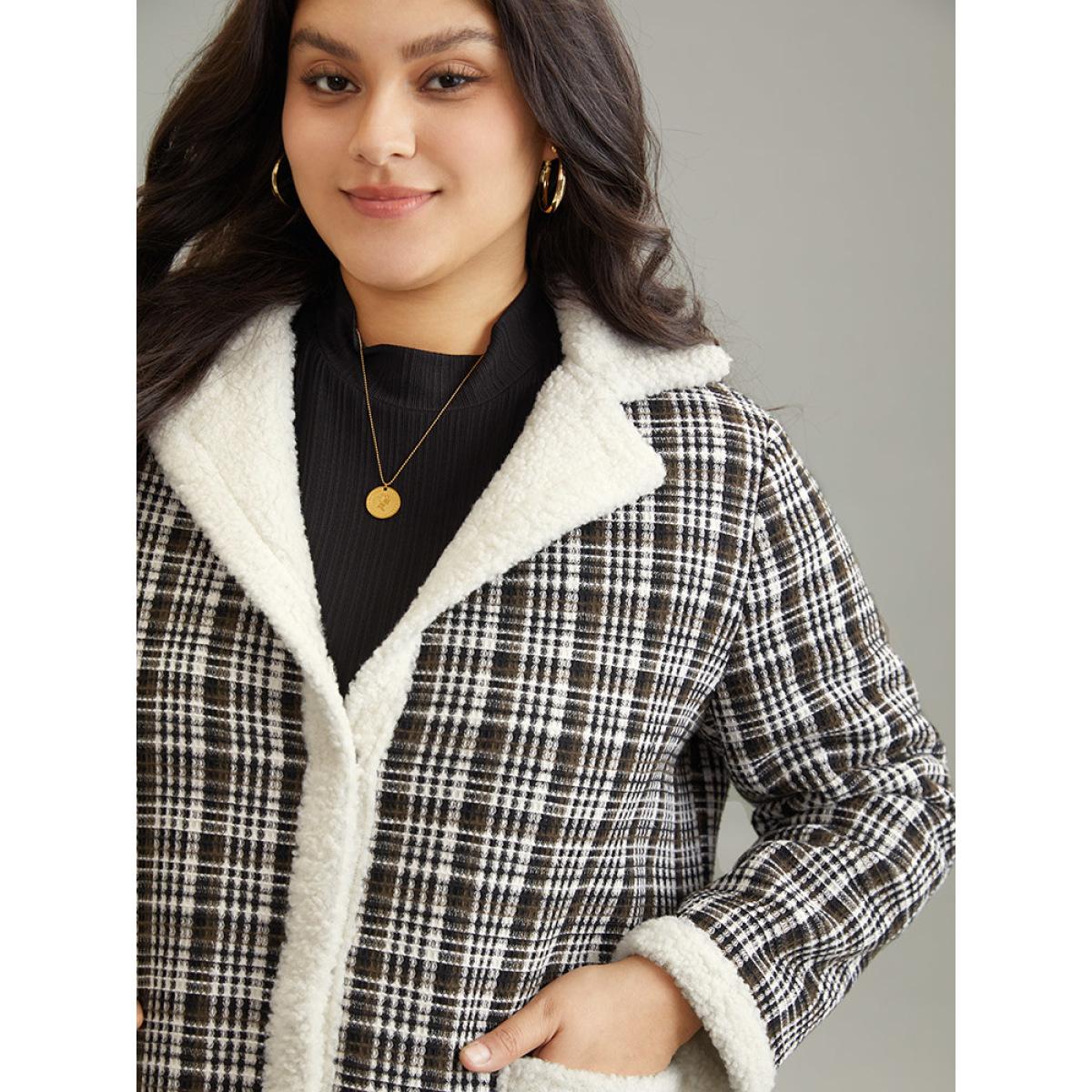 Plus Size Plaid Fuzzy Trim Patchwork Lapel Collar Pocket Coat Women Black Casual Contrast Ladies Everyday Winter Coats BloomChic 14-16/1X Product Image