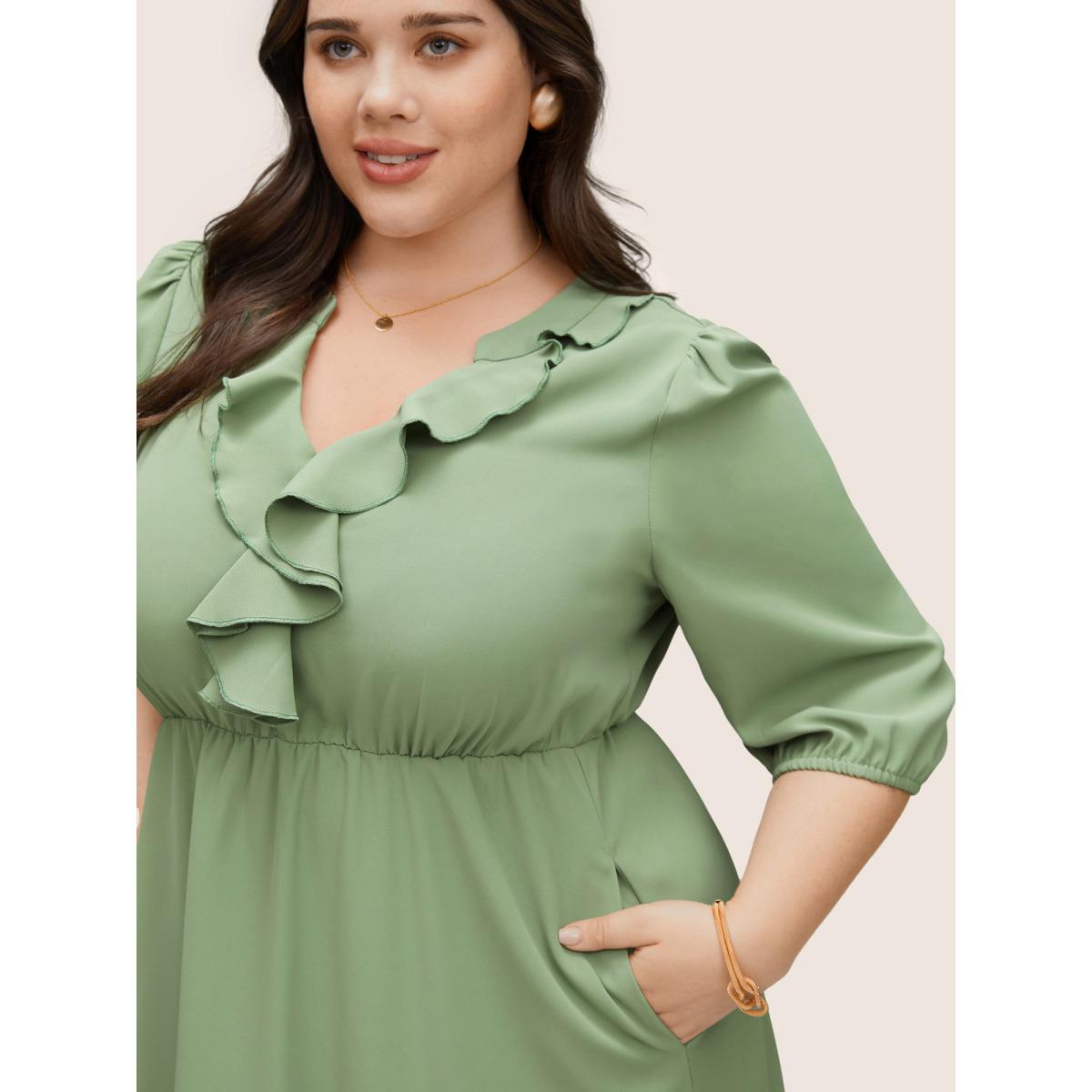 Plus Size Static-Free Solid Ruffles Gathered Layered Hem Dress Sage Women Elegant Non Notched collar Elbow-length sleeve Curvy Midi Dress BloomChic 12/L Product Image