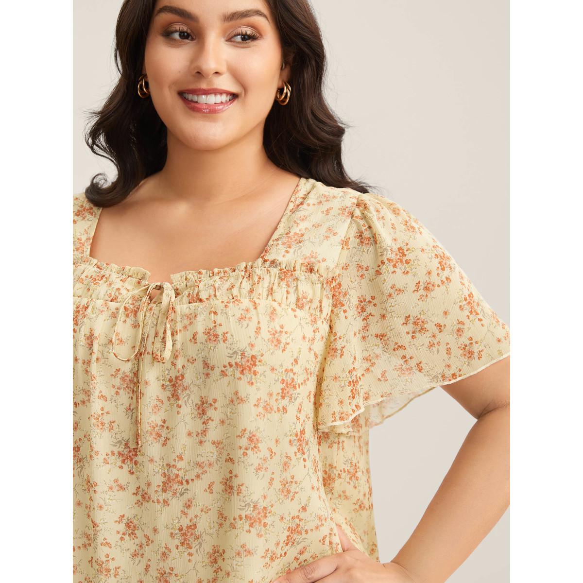 Plus Size Lightyellow Chiffon Floral Print Neck Tie Blouse Women Short sleeve Square Neck Everyday-Elegant Blouses BloomChic 30/6X Product Image