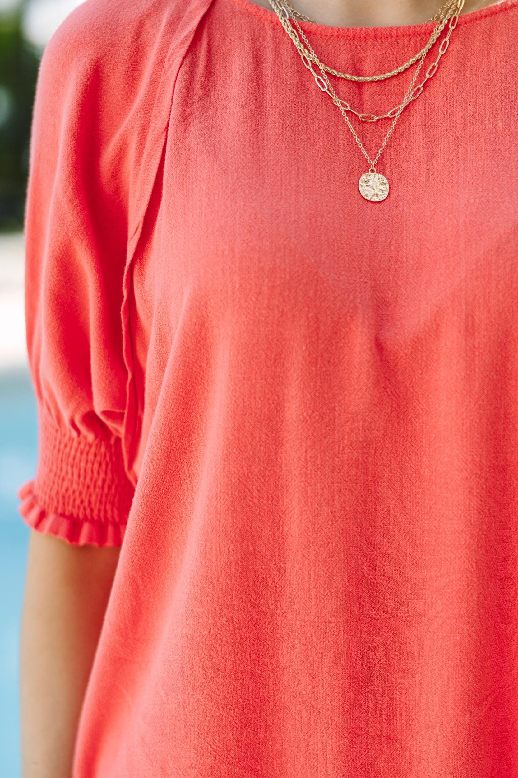 Give You A Ring Coral Orange Linen Top Female Product Image