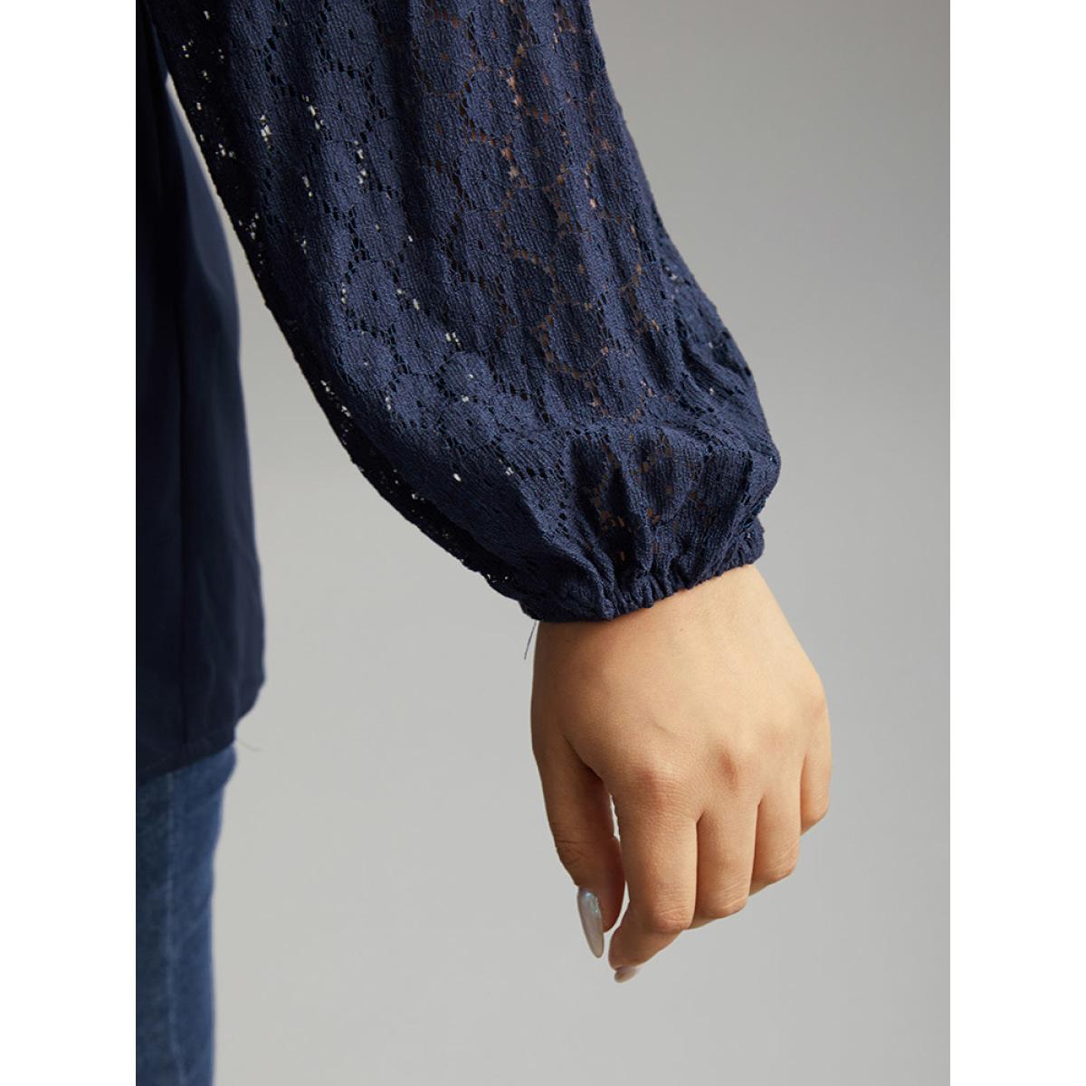 Plus Size Indigo V Neck Guipure Lace Lantern Sleeve Blouse Women Office Long Sleeve V-neck Office Blouses BloomChic 30/6X Product Image