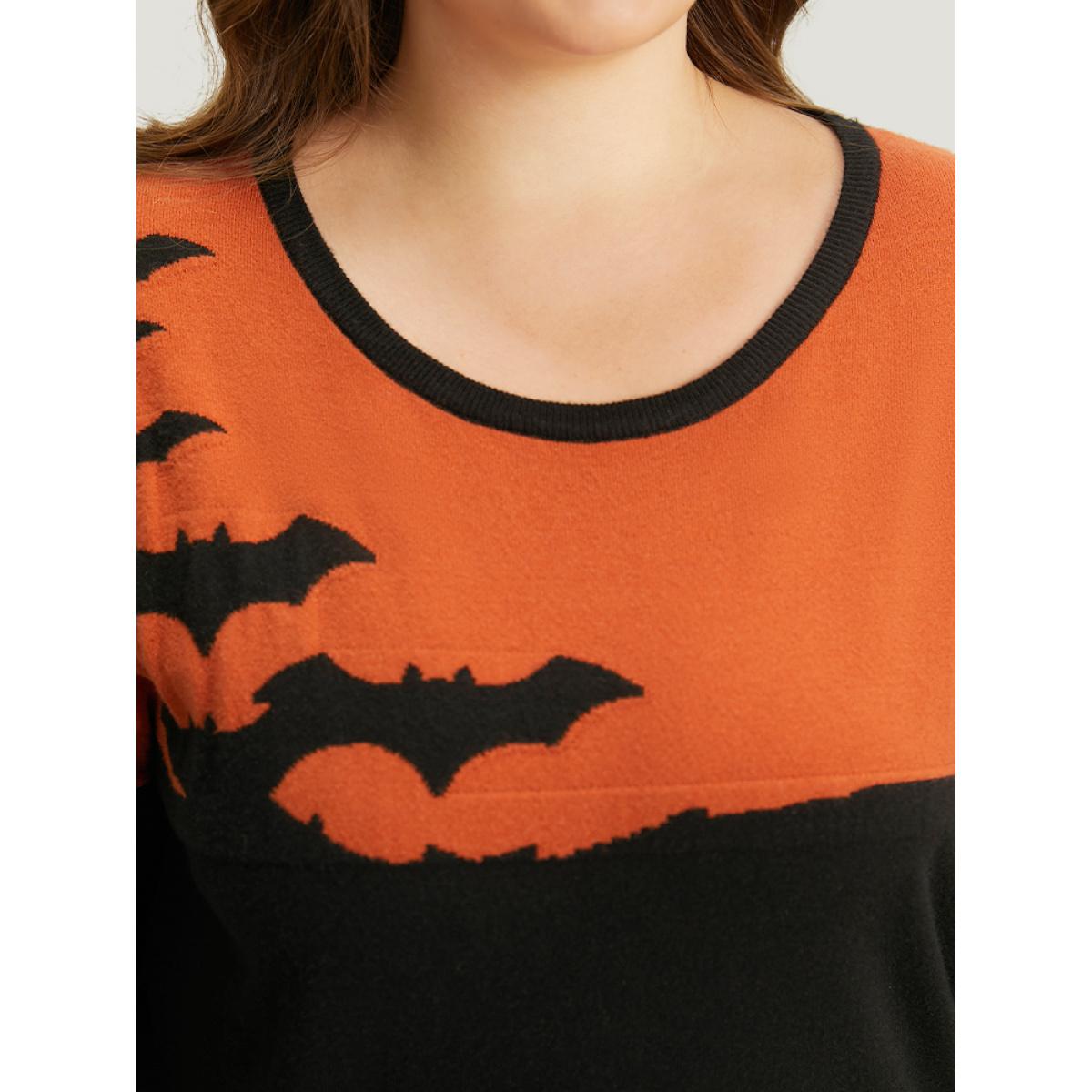 Plus Size Halloween Supersoft Essentials Two Tone Bat Print Pullover Black Women Casual Long Sleeve Round Neck Festival-Halloween Pullovers BloomChic 26/4X Product Image