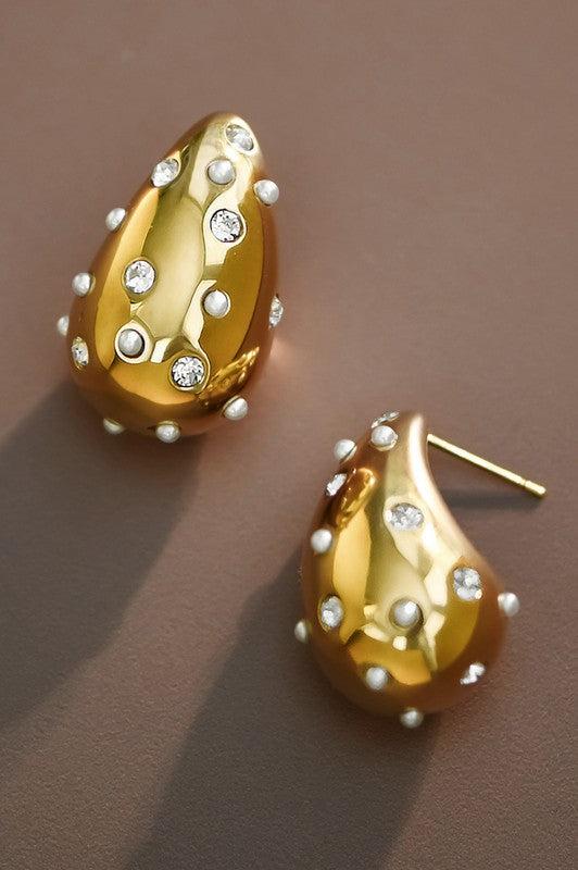 Pearl & Rhinestone Studded Raindrop Earrings Product Image