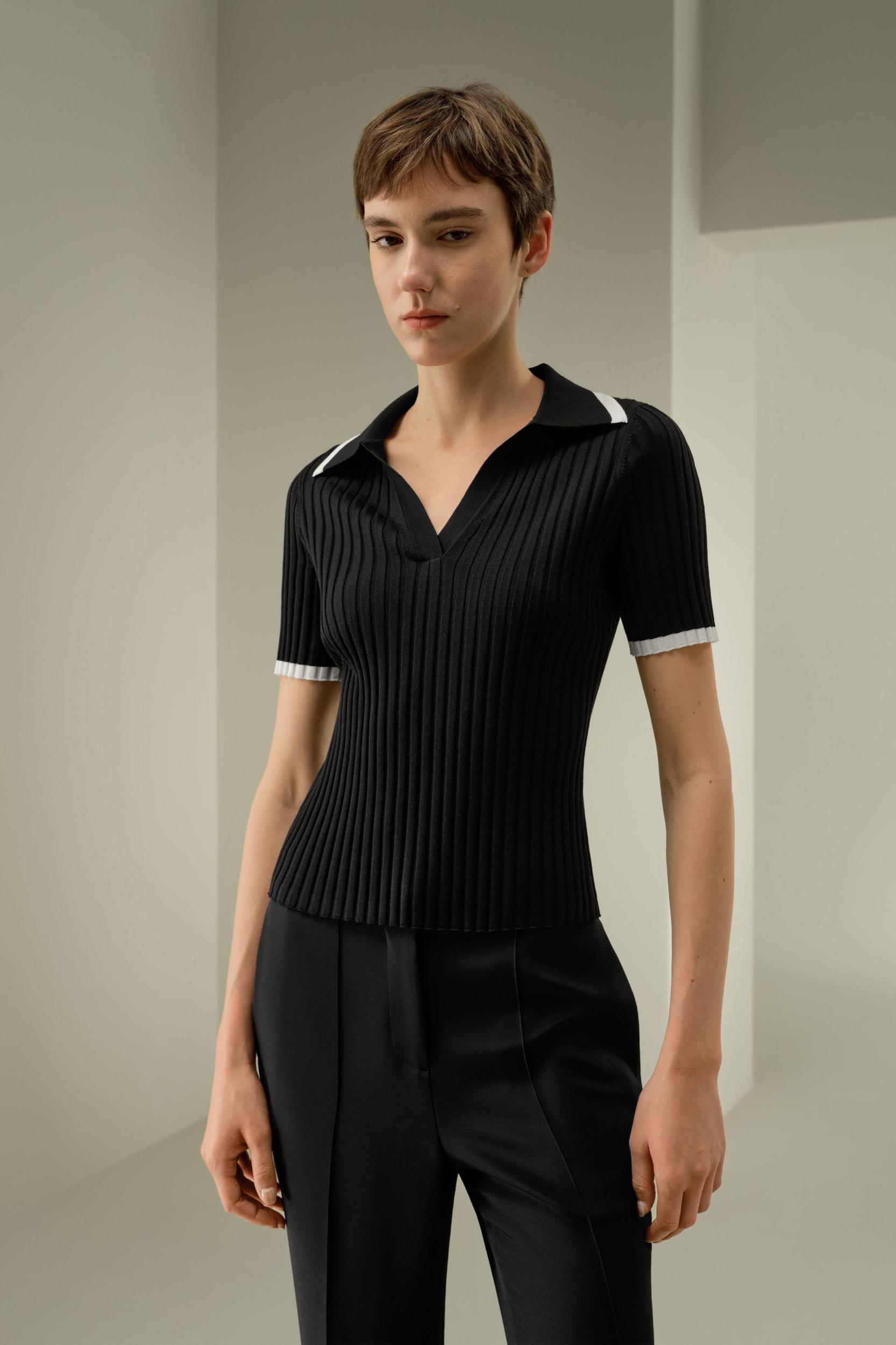 Slim Fit Silk Knit V-Neck Collared Top Product Image