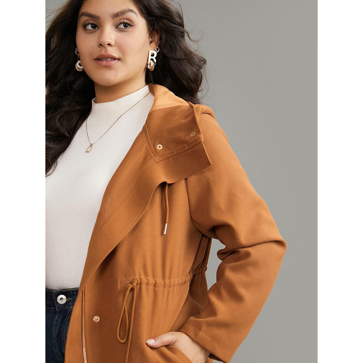 Plus Size Plain Drawstring Button Through Zipper Coat Women Yellow Casual Lined Ladies Dailywear Winter Coats BloomChic 14-16/1X Product Image