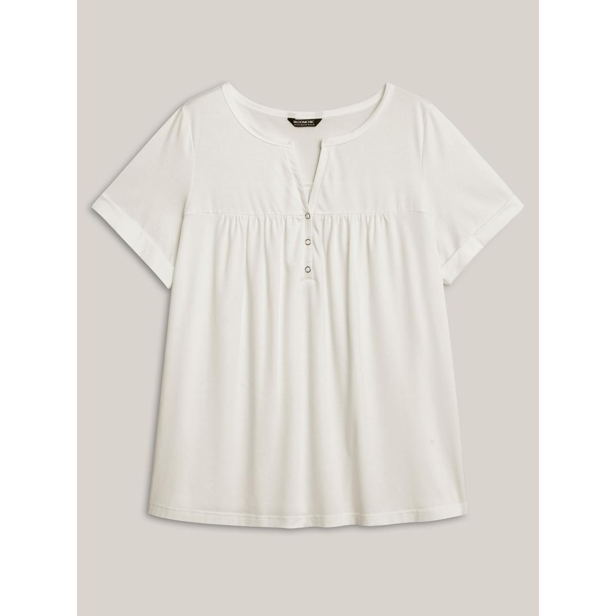 Plus Size Button Placket Split Neck Pleated T-Shirt Originalwhite Women Gathered Notched collar Vacation T-shirts BloomChic 12/L Product Image