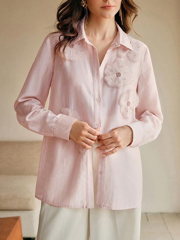 Long Sleeves Applique Split-Joint Lapel Blouses&Shirts Tops Product Image