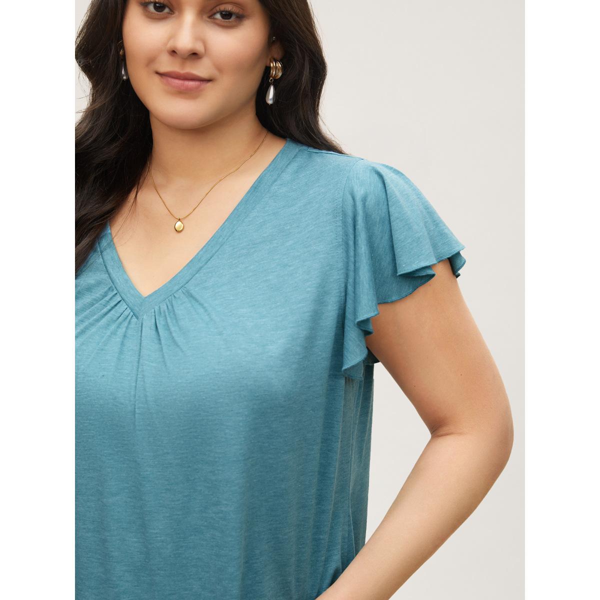 Plus Size Solid Heather Gathered Ruffle Sleeve T-shirt Cerulean Women Timeless Non V-neck Elegant T-shirts BloomChic 10/M Product Image