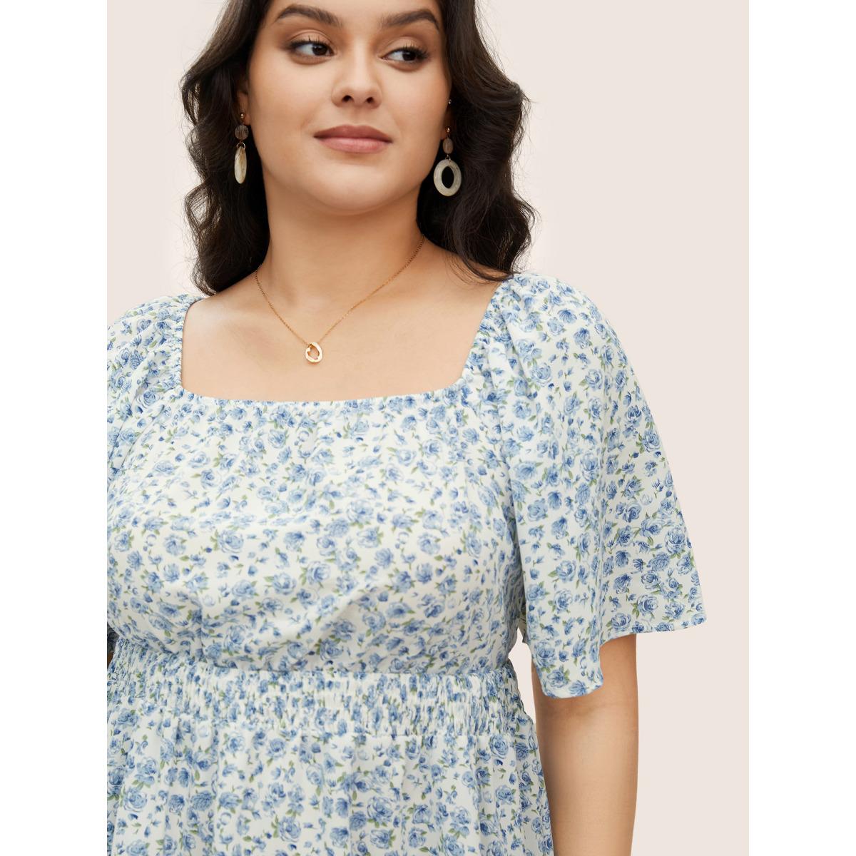 Plus Size White Ditsy Floral Ruffle Sleeve Shirred Square Neck Blouse Women Elegant Short sleeve Square Neck Everyday Blouses BloomChic 22-24/3X Product Image