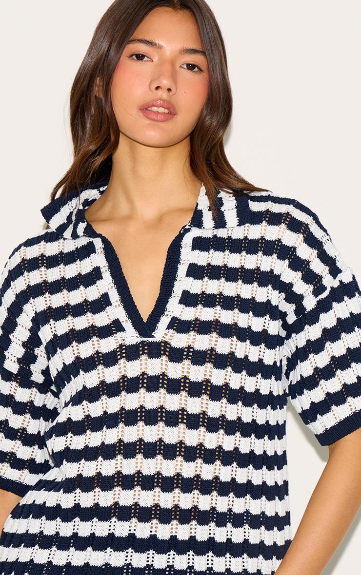 Navy Crochet Stripe Rugby Knit Top Product Image