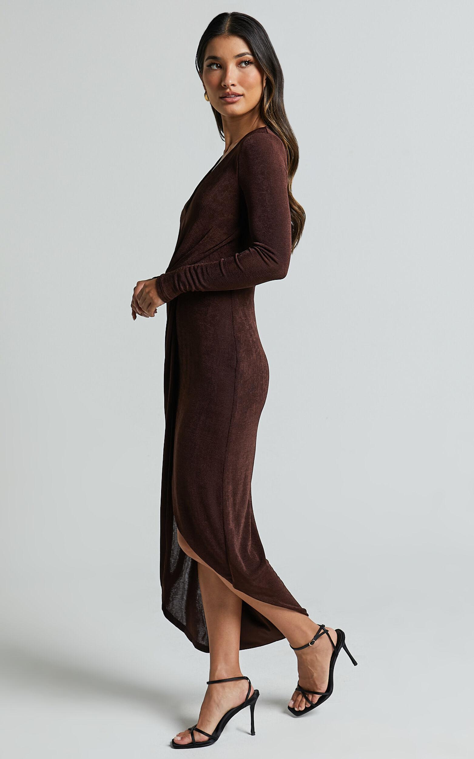 Janina Midi Dress - Plunge Long Sleeve Twist Wrap Asymmetric Dress in Chocolate Product Image