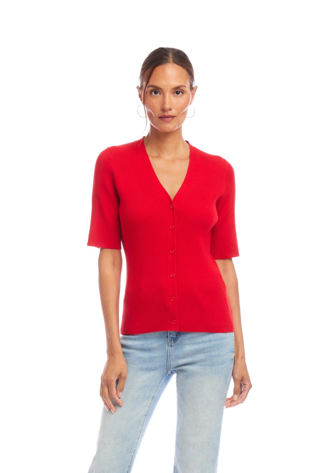 Short Sleeve Ribbed Cardigan Sweater - Red Product Image