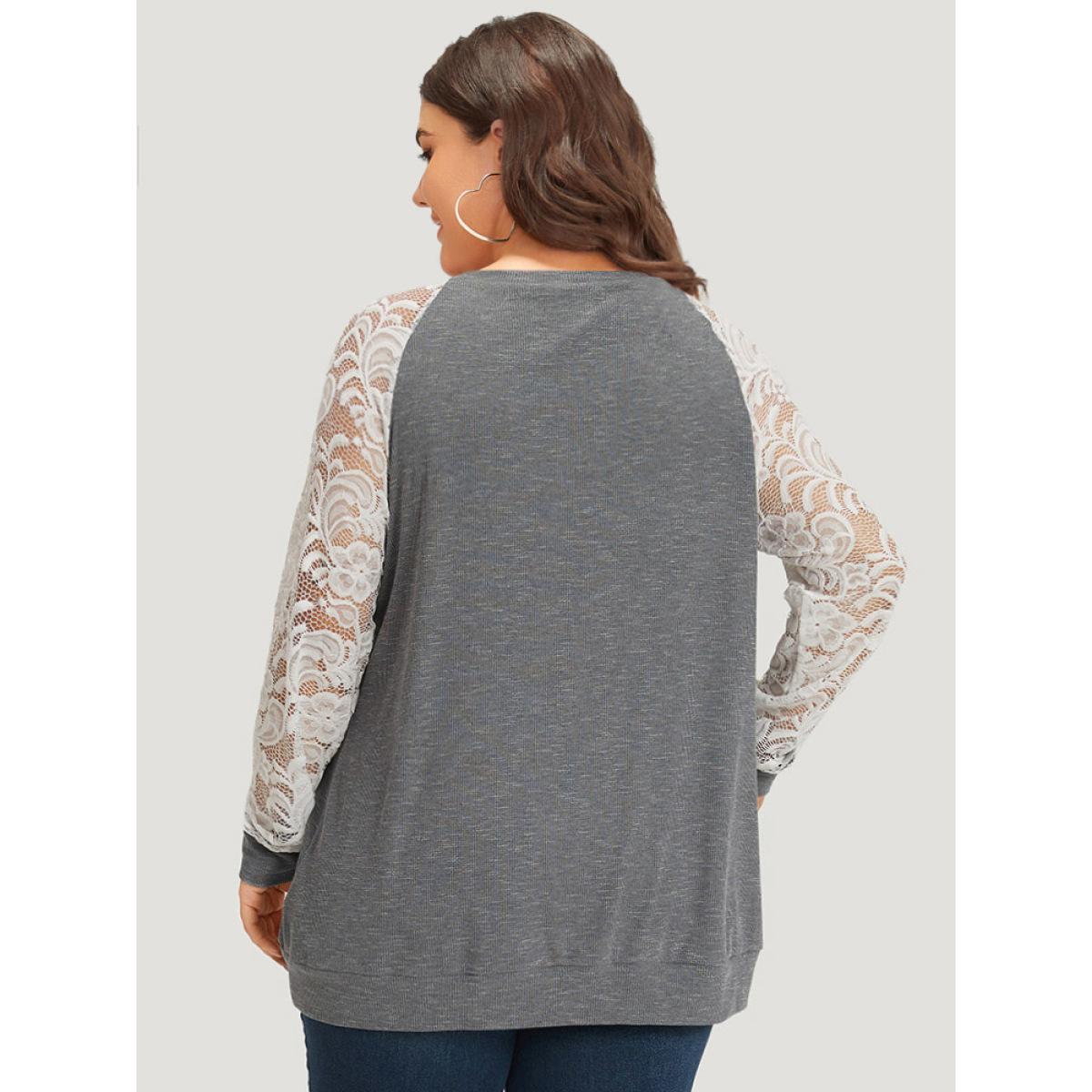 Plus Size Lace Panel Raglan Sleeve Elastic Cuffs Sweatshirt Women Gray Elegant Elastic cuffs Round Neck Dailywear Sweatshirts BloomChic 22-24/3X Product Image