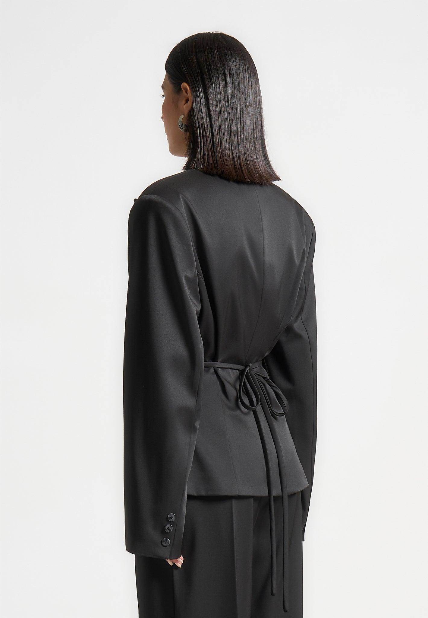 Wide Shoulder Sateen Blazer with Twin Belt - Black Female Product Image