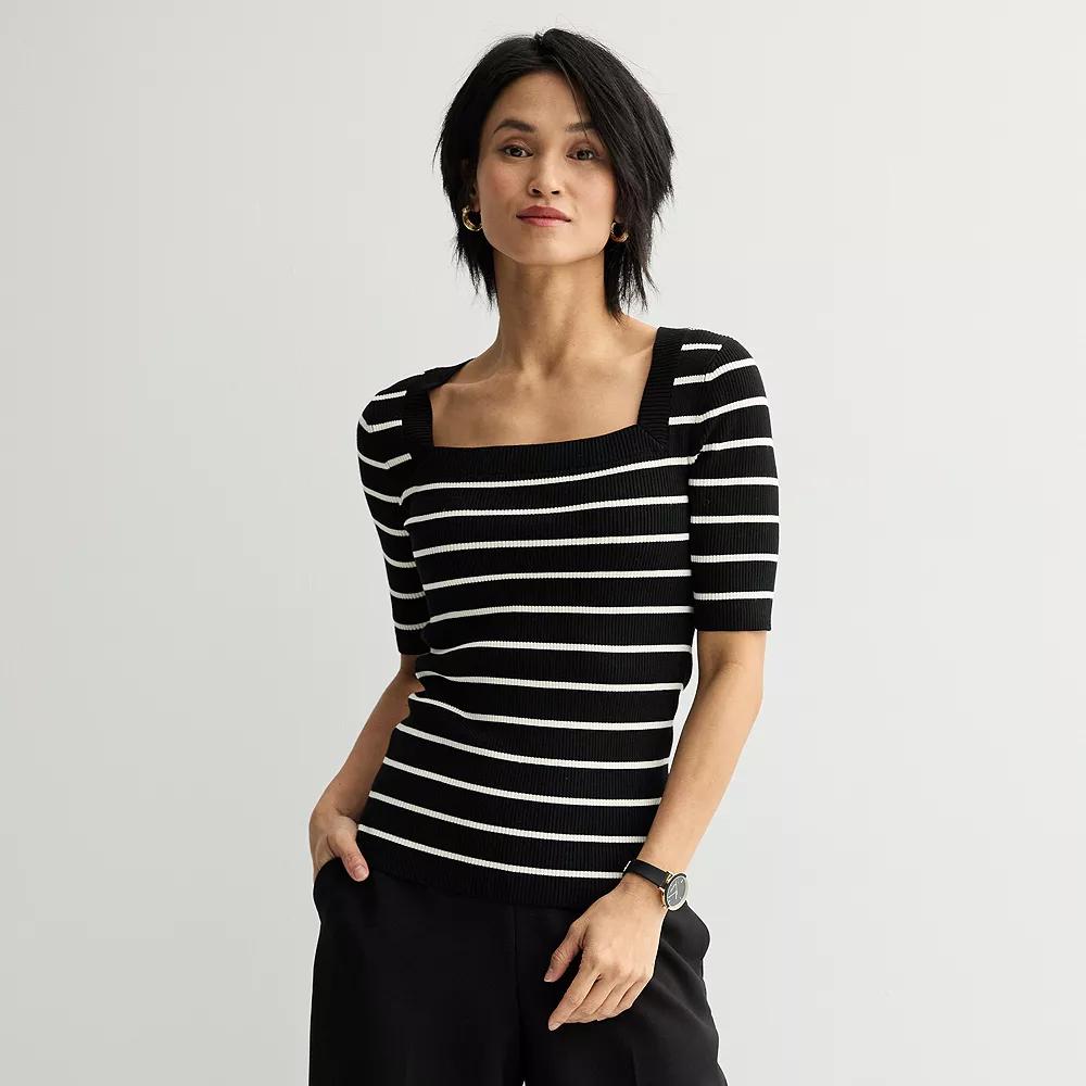 Women's Nine West Square Neck Ribbed Short Sleeve Sweater, Size: Medium, Black White Product Image