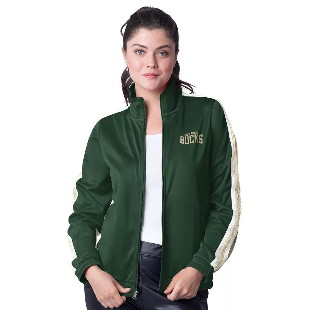 Women's G-III 4Her by Carl Banks Hunter Green/Cream Milwaukee Bucks Rebel Sequin Bling Full-Zip Track Jacket,  Product Image