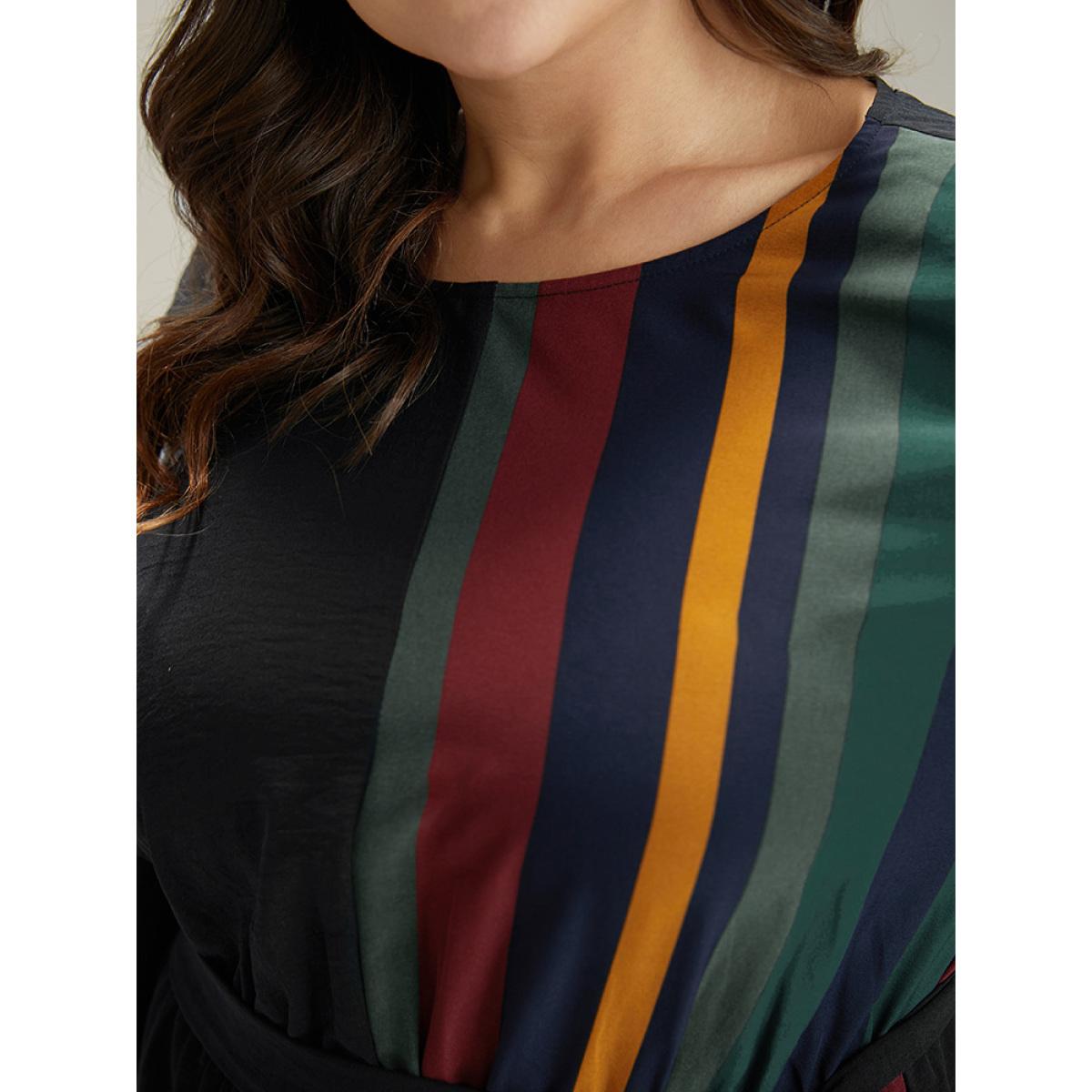 Plus Size Striped Pocket Patchwork Belted Elastic Waist Dress Black Women Office Belted Round Neck Long Sleeve Curvy Midi Dress BloomChic 14-16/1X Product Image