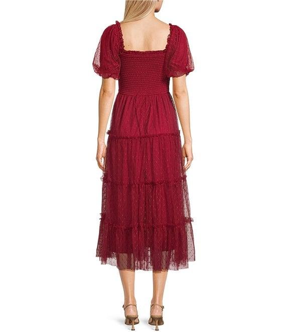 Blu Pepper Mesh Dot Square Neck Short Puff Sleeve Midi Dress Product Image