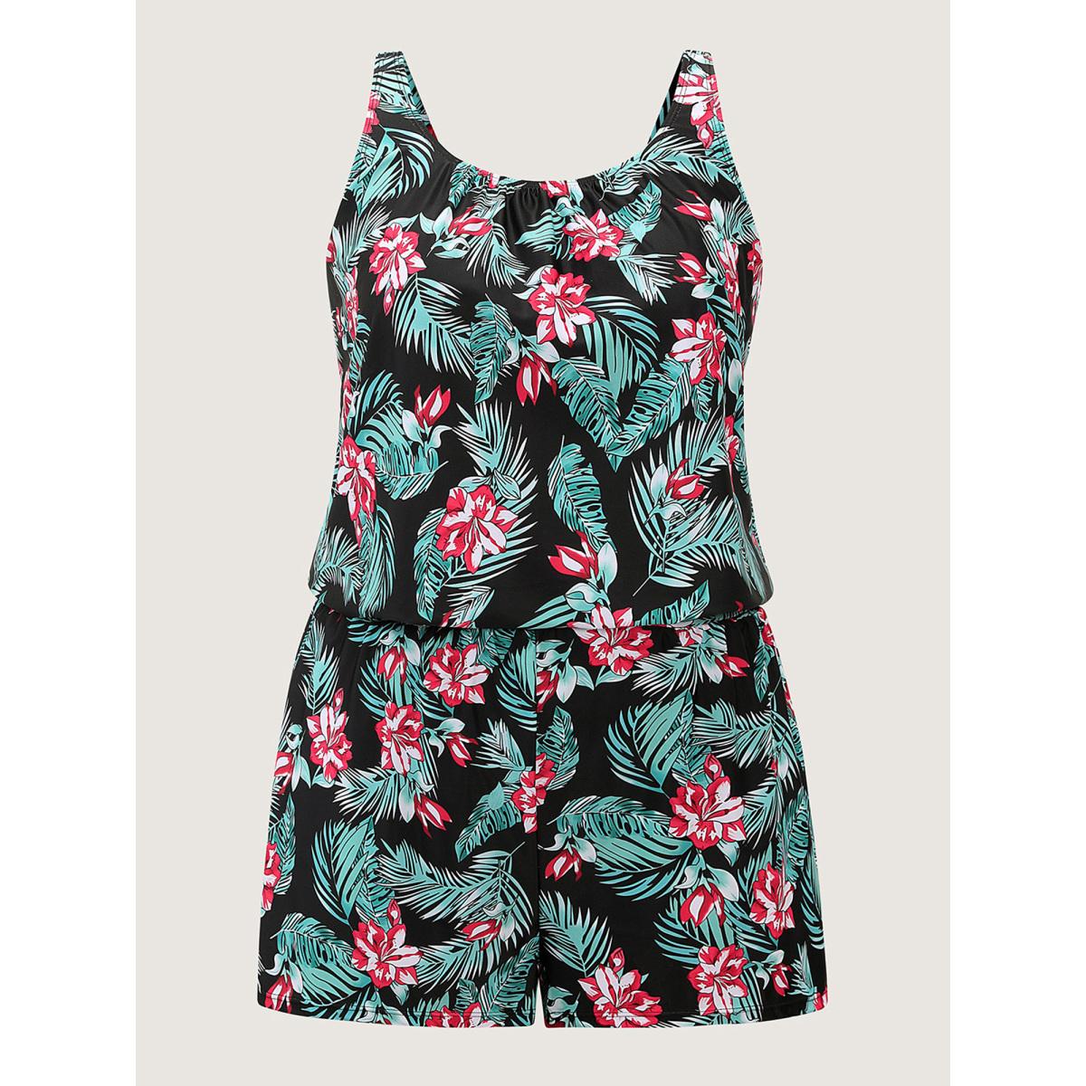 Plus Size Tropical Flower Print Pockets One-Piece Swimsuit Women's Swimwear DarkBlue Resort Gathered Curve Bathing Suits High stretch One Pieces BloomChic 22-24/3X Product Image