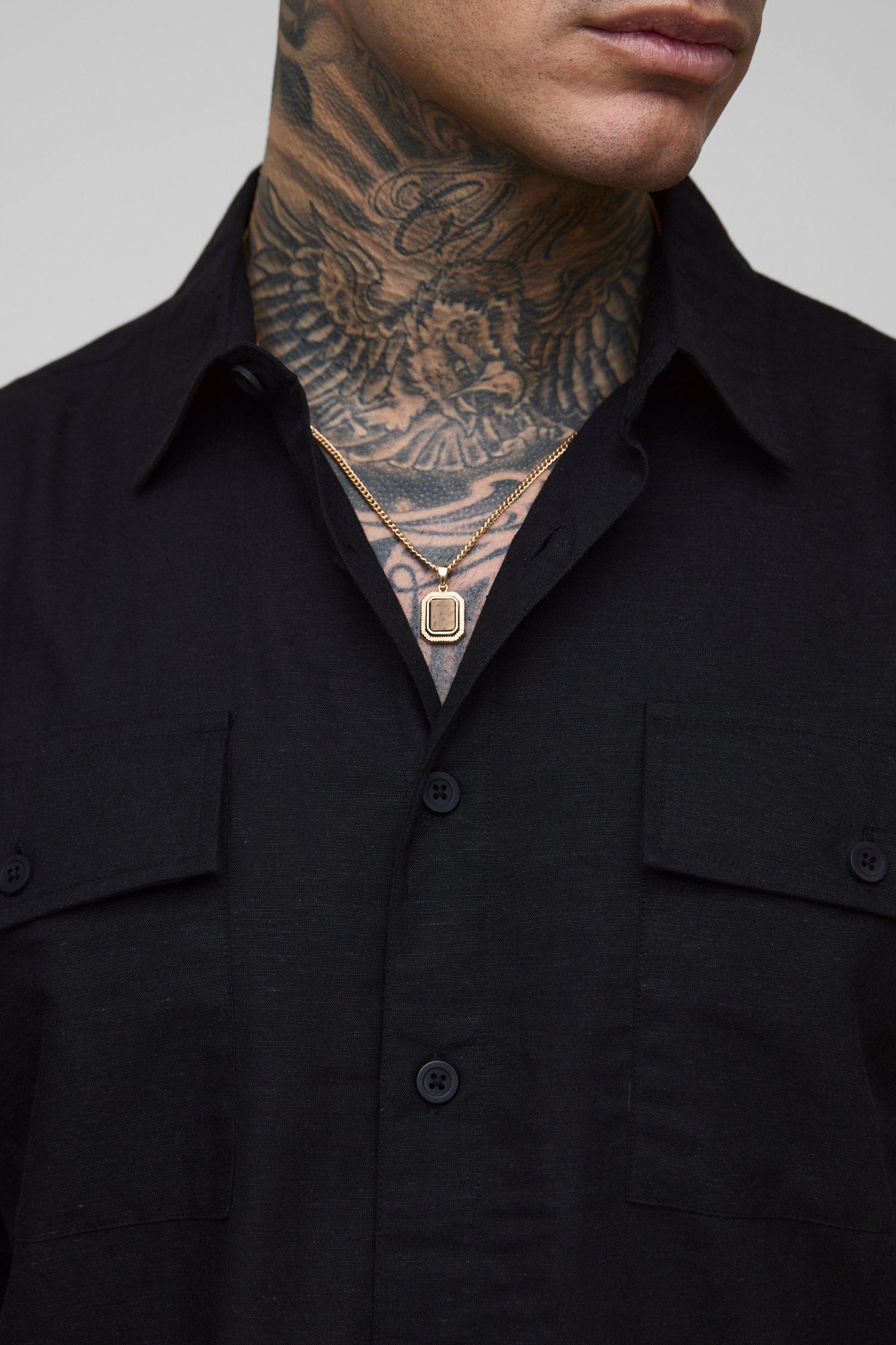 Tall Long Sleeve Linen Look Cargo Pocket Oversized Shirt Jacket | boohooMAN USA Product Image