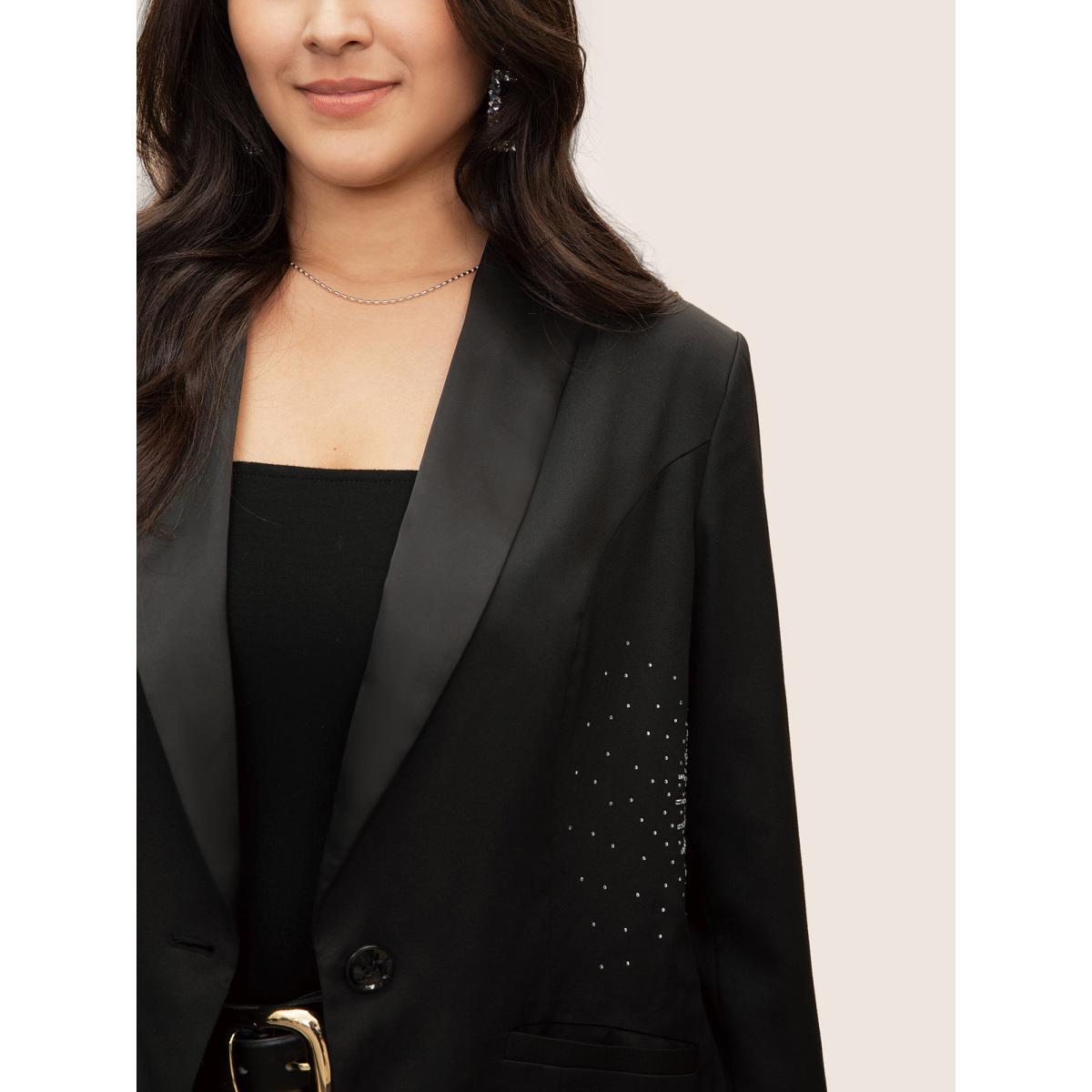 Plus Size Rhinestone Detail Patched Pocket Button Up Blazer Black Women Party Plain Non Sleeve Long Sleeve Suit Collar 28/5X Single-flap pocket Cocktail Blazers BloomChic Product Image