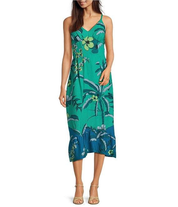 Donna Morgan V-neck Sleeveless Asymmetrical Hem Tropical Print Linen Blend Midi Dress Product Image