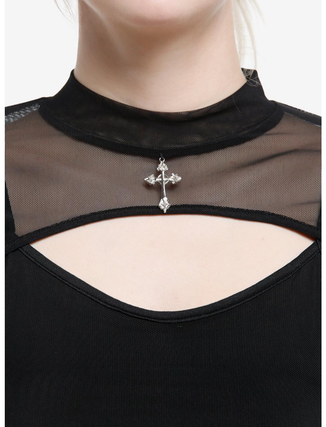 Cosmic Aura Cross Mesh Bell Sleeve Lace-Up Twofer Dress Product Image