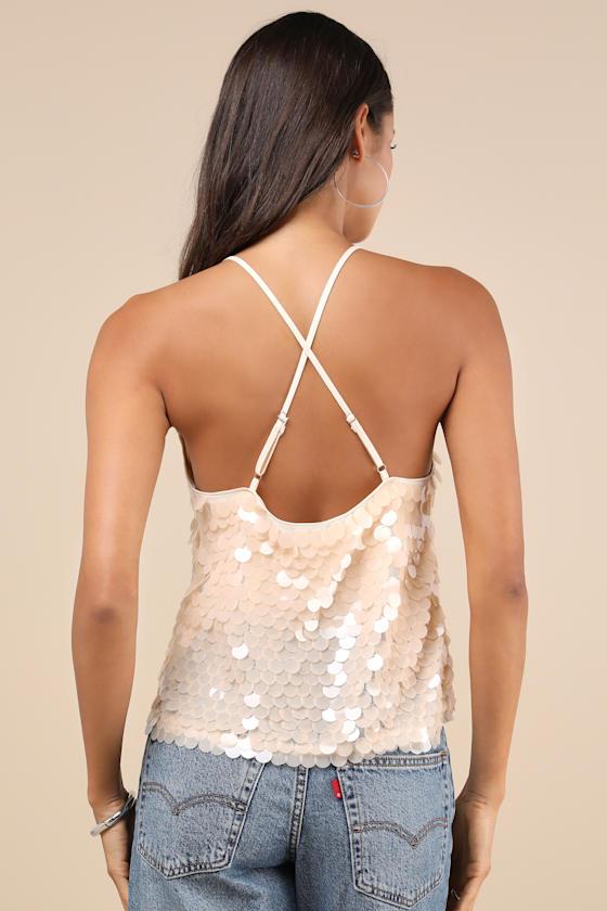Radiantly Demure Cream Paillette Sequin Backless Tank Top Product Image