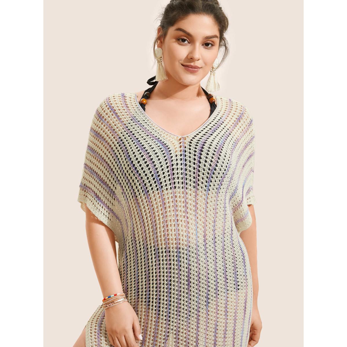 Plus Size Contrast Heather Pointelle Knit Batwing Sleeve Swim Cover Up Women's Swimwear Ivory Beach Contrast Curve Swim Cover Ups BloomChic 14-16/1X Product Image