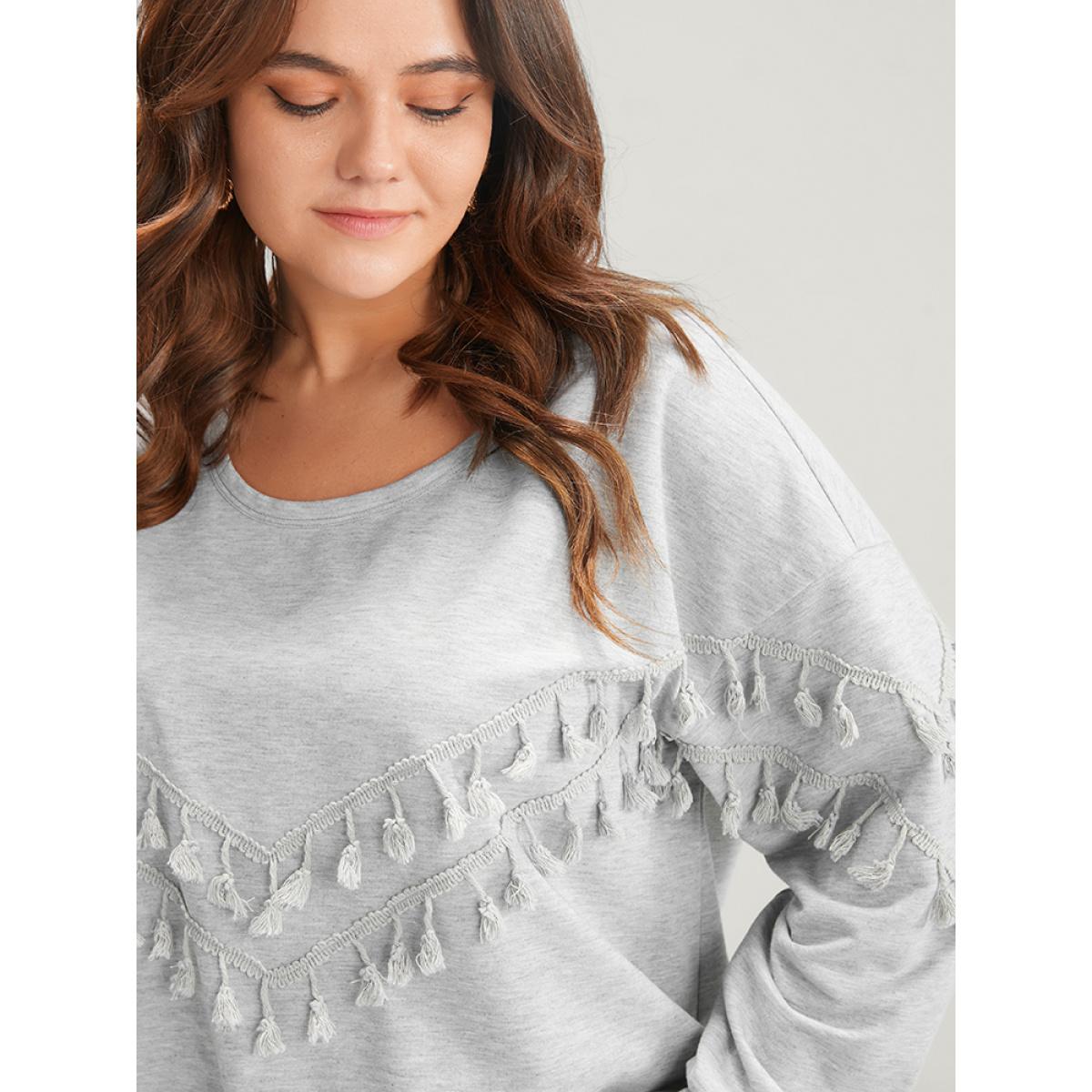 Plus Size Solid Round Neck Tassels Drop Shoulder Sweatshirt Women LightGray Casual Patchwork Round Neck Dailywear Sweatshirts BloomChic 18-20/2X Product Image