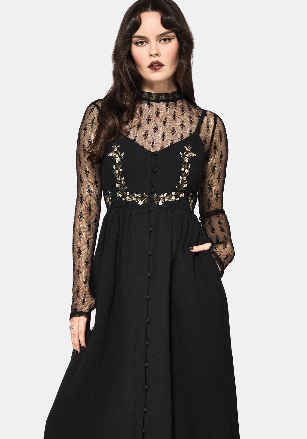 Abundance Cotton Floral Embroidered Bodice Cami Midaxi Dress - Black Product Image