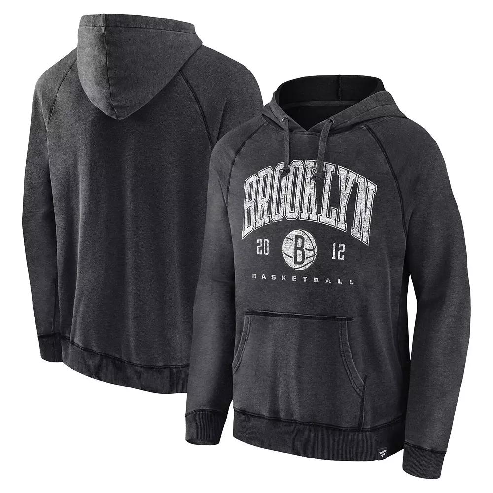 Men's Fanatics Branded Heather Charcoal Brooklyn Nets Foul Trouble Snow Wash Raglan Pullover Hoodie,  Product Image
