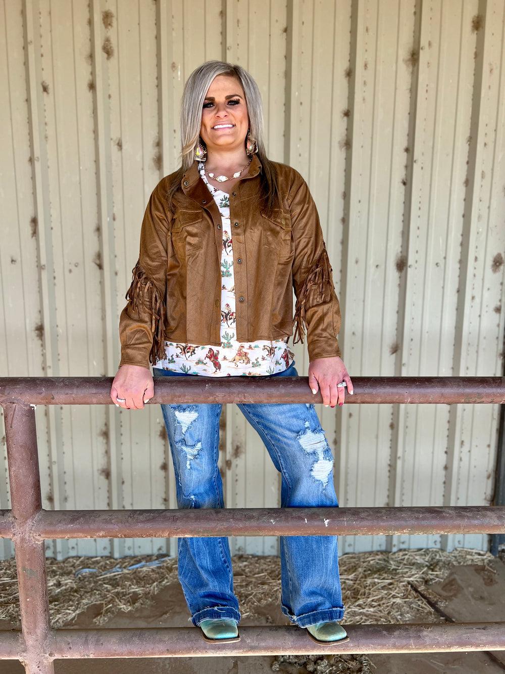 PLUS Camel Faux Suede Fringe Jacket-* Product Image