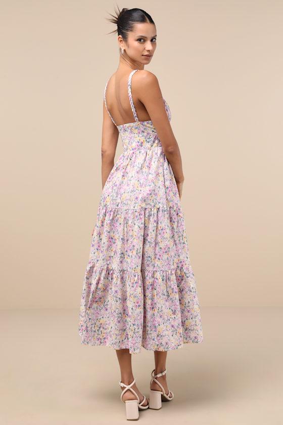 Brightly Blossoming Pink Multi Floral Tiered Midi Dress Product Image