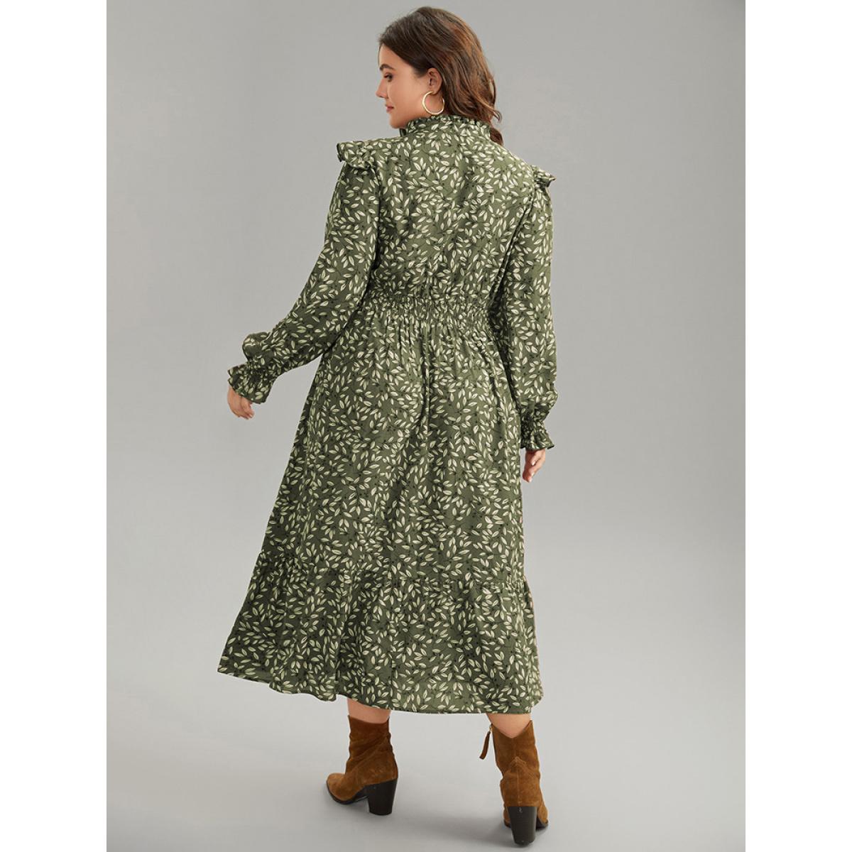 Plus Size Ditsy Floral Flutter Trim Pocket Shirred Dress Mint Women Elegant Printed Notched collar Long Sleeve Curvy Midi Dress BloomChic 12/L Product Image