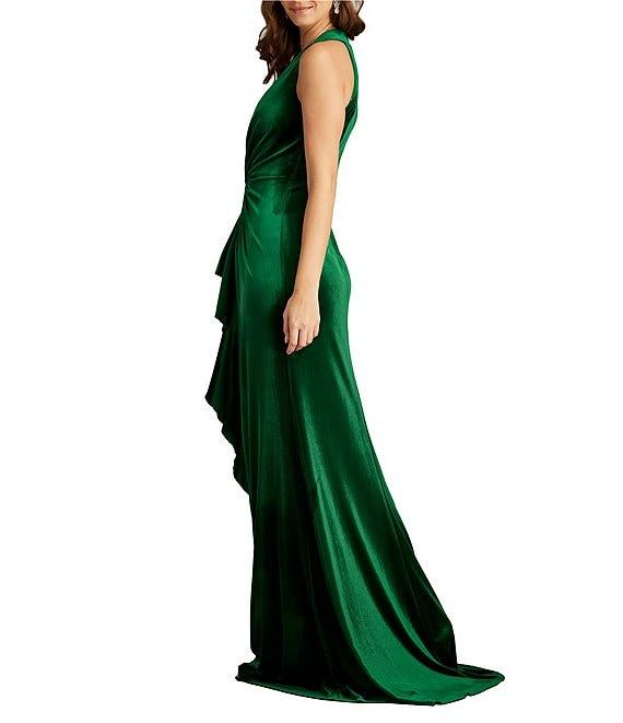 Tadashi Shoji V-Neck Ruched Ruffle Front Sleeveless Velvet Gown Product Image