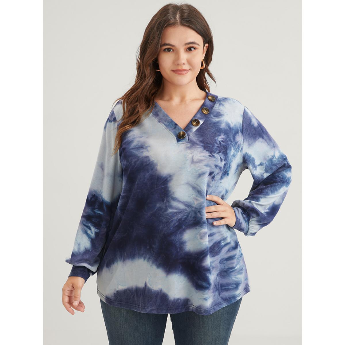 Plus Size Tie Dye Fake Button V Neck Sweatshirt Women Blue Casual Tie Dye Loose V-neck Dailywear Sweatshirts BloomChic 26/4X Product Image