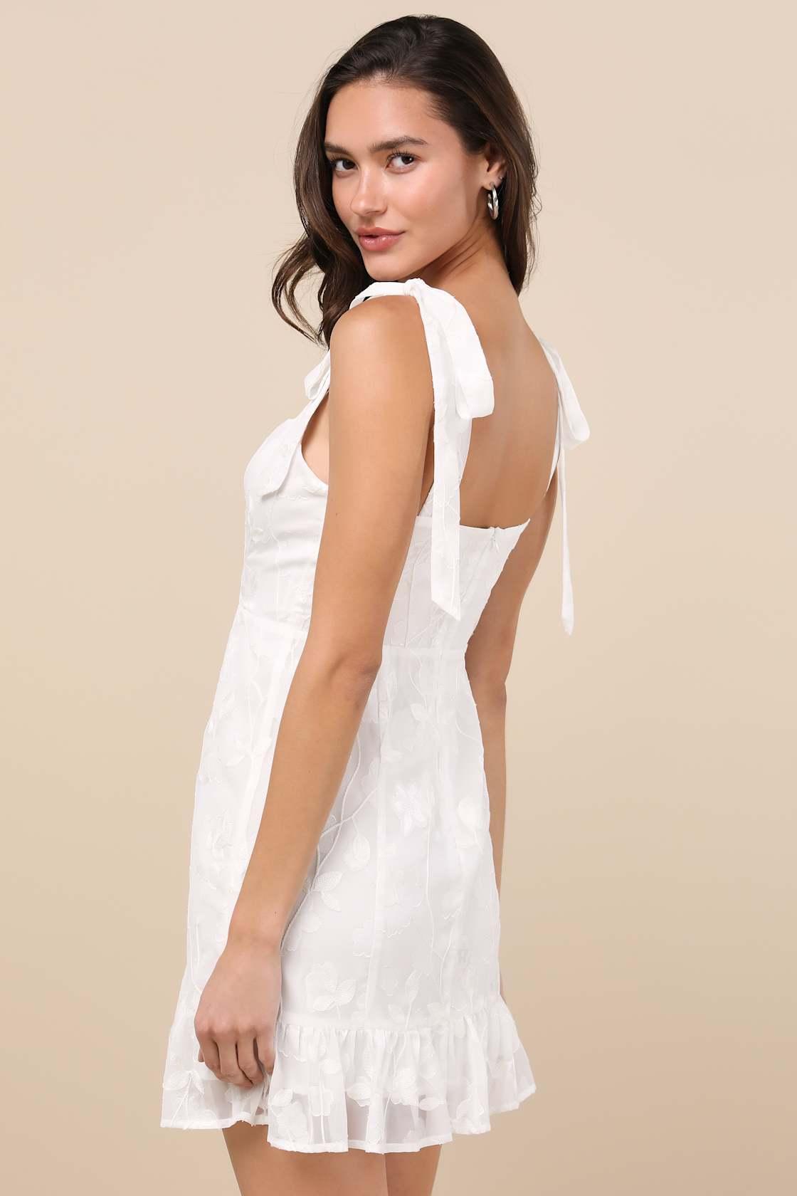 No One Prettier White Floral Embroidered Tie-Strap Mini Dress Product Image