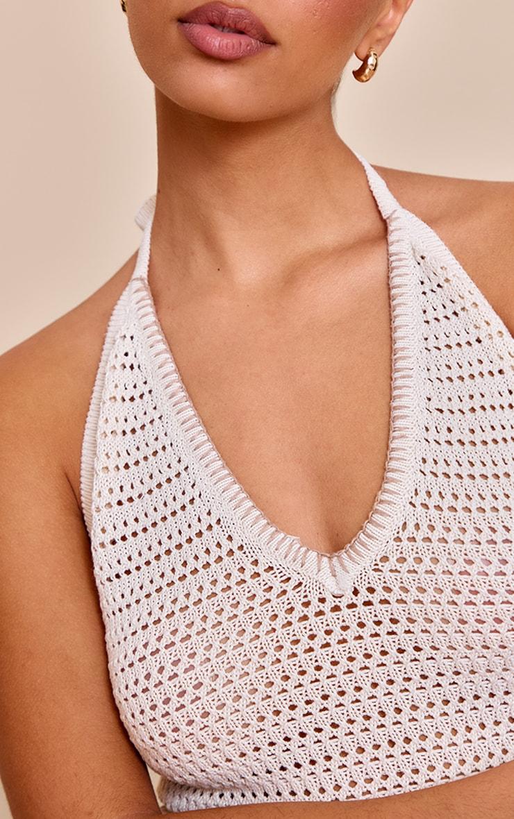 Oatmeal Contrast Stitch Crochet Halter Neck Top Beige Product Image