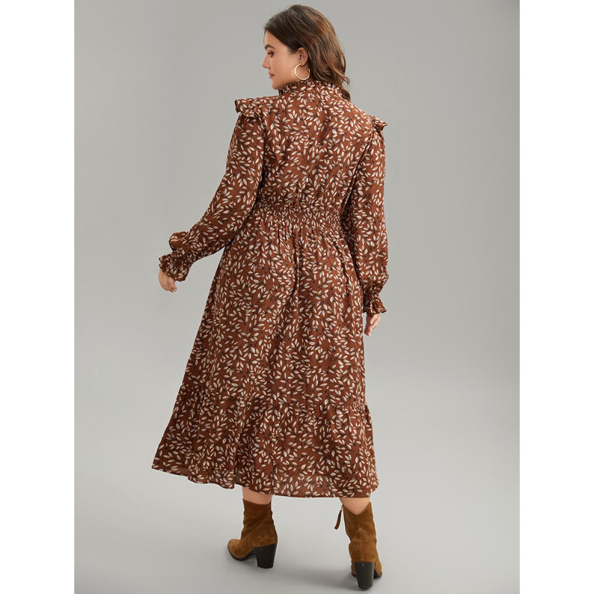 Plus Size Ditsy Floral Flutter Trim Pocket Shirred Dress DarkBrown Women Elegant Printed Notched collar Long Sleeve Curvy Midi Dress BloomChic 12/L Product Image