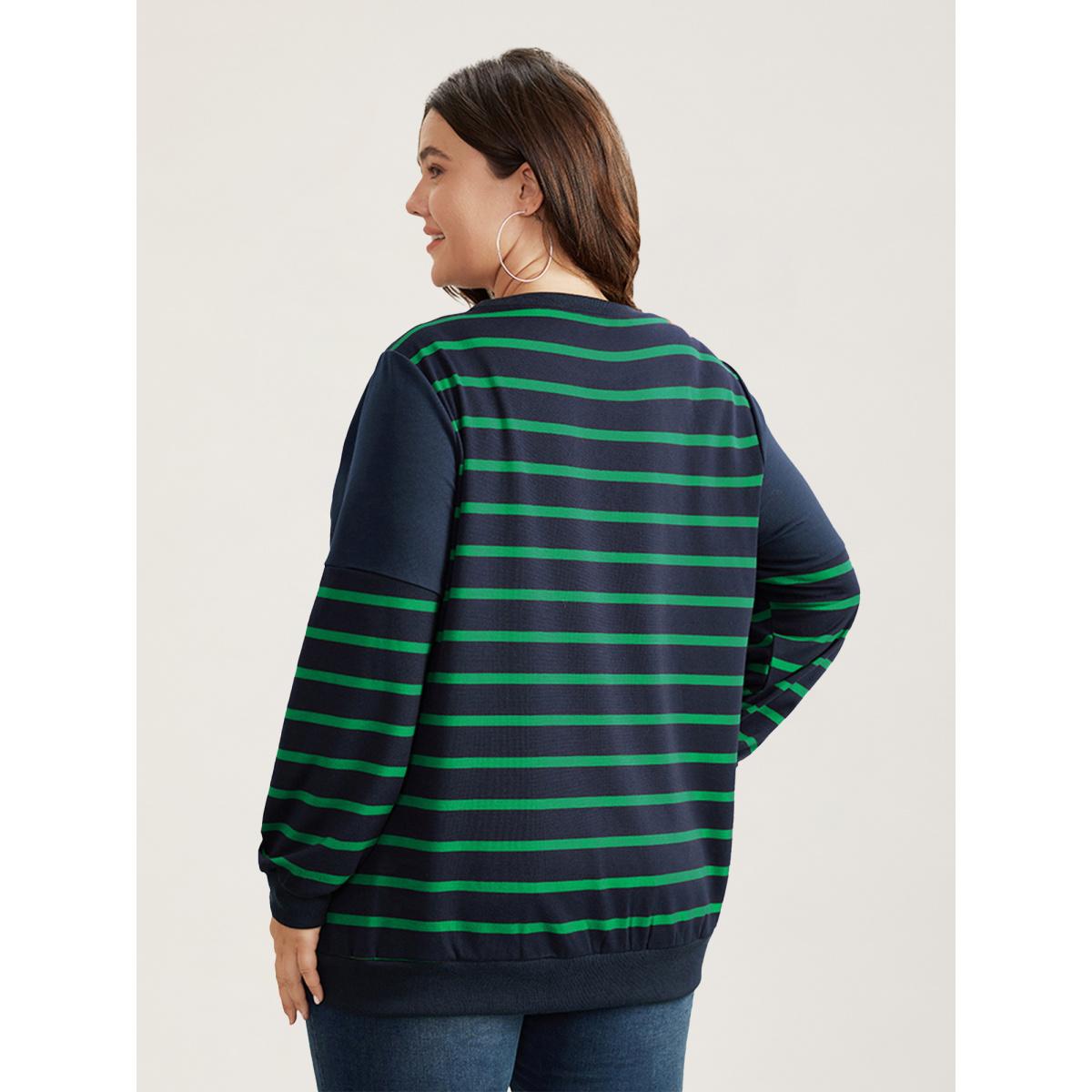Plus Size Striped Patchwork Button Detail Sweatshirt Women Blue Casual Non Round Neck Everyday Sweatshirts BloomChic 18-20/2X Product Image