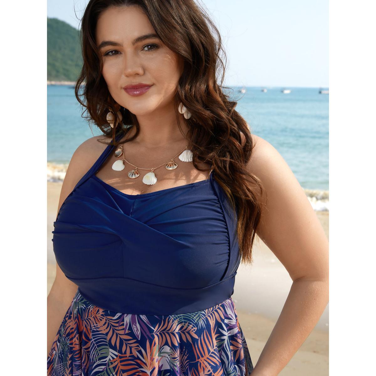 Plus Size Tropical Print Mesh Twist Front Swim Dress Women's Swimwear Indigo Beach Skinny Heart neckline High stretch Curve Swim Dresses BloomChic 28/5X Product Image