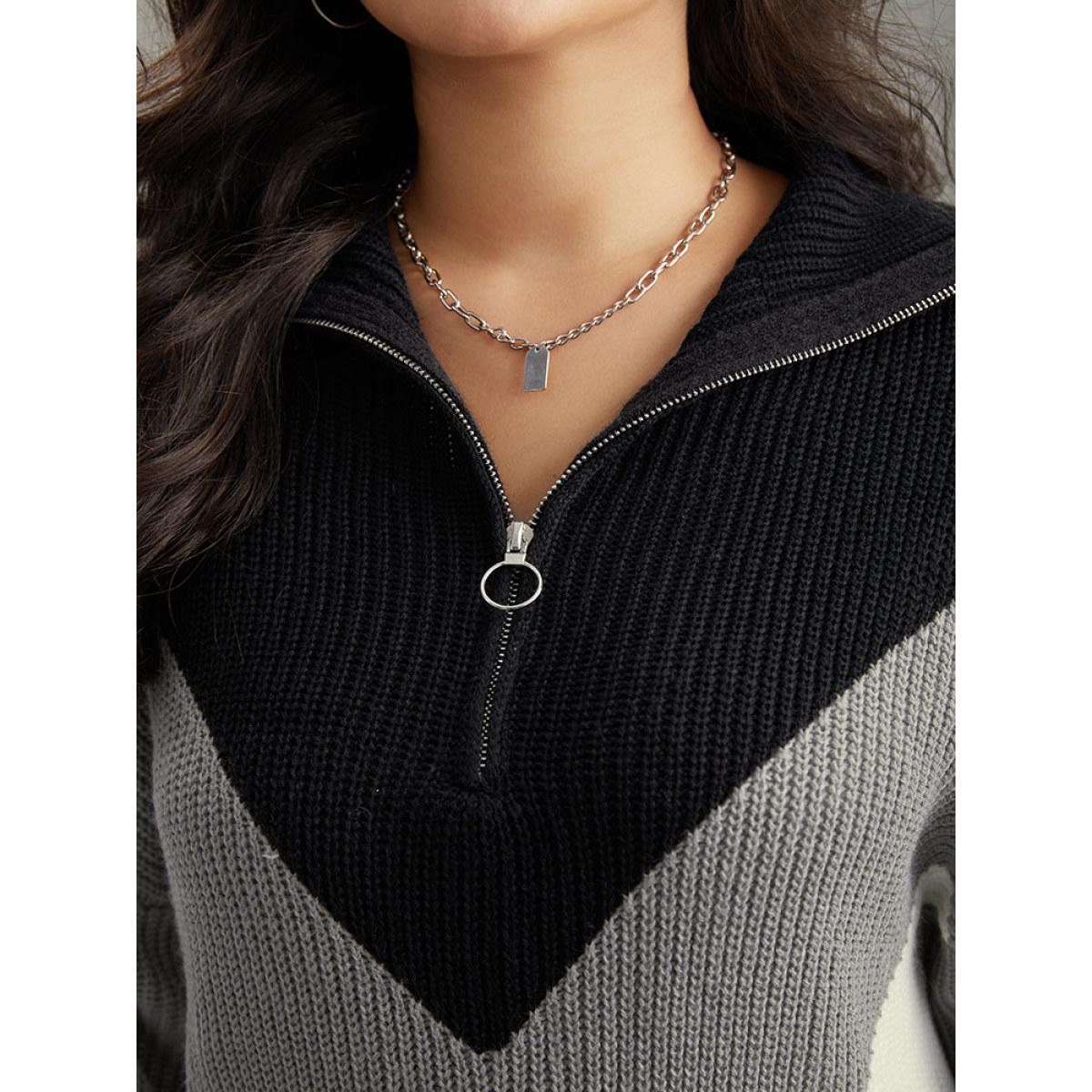 Plus Size Colorblock Patchwork Zipper Lapel Collar Pullover Multicolor Women Casual Long Sleeve Lapel Collar Everyday Pullovers BloomChic 30/6X Product Image